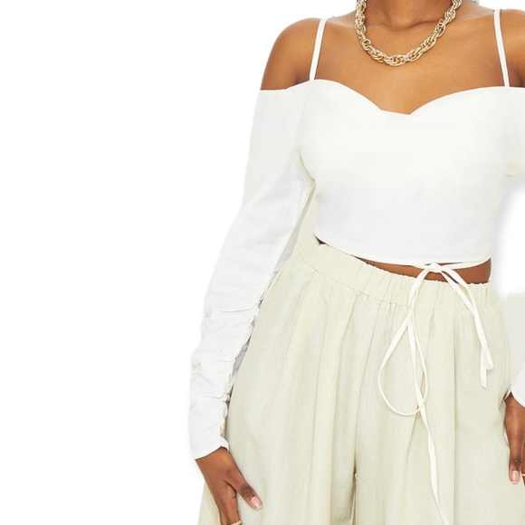 Natural Linen Look Cowl Front Ruched Sleeve Crop Top - Picture 5 of 5